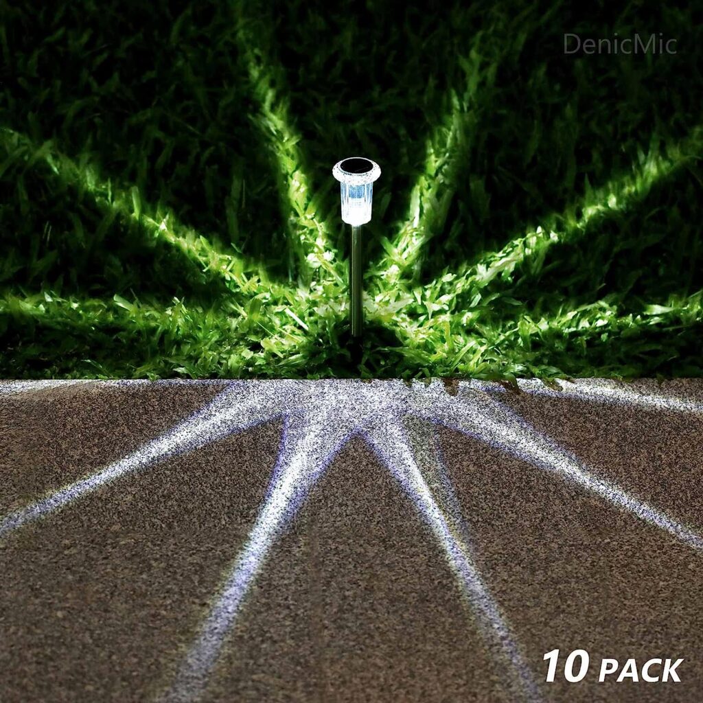 DenicMic Solar Pathway Lights Outdoor 10 Pack LED Waterproof Stainless Steel Garden Stake Lights for Path, Walkway, Driveway, Yard, Patio, Garden Decor (Cold White)