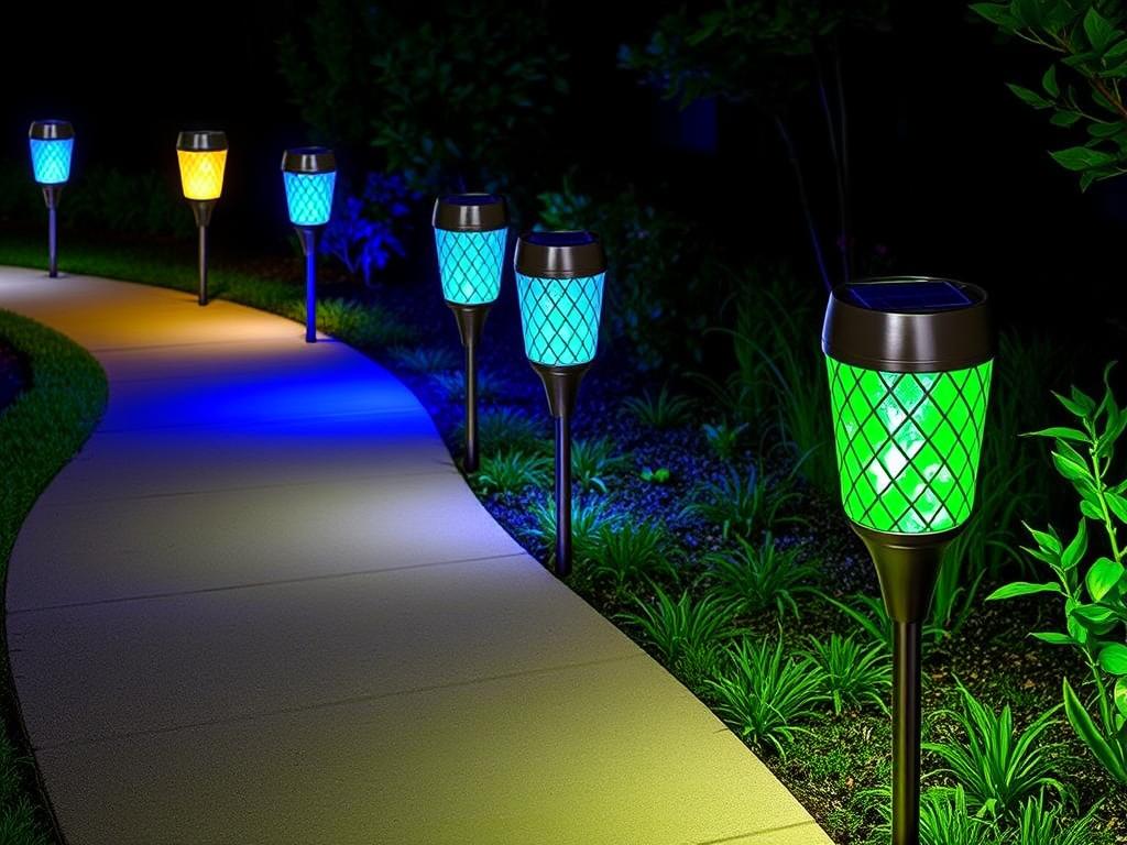 Beau Jardin Color-Changing Solar Pathway Lights displaying multiple color options along a garden path Beau Jardin Color-Changing Solar Pathway Lights displaying multiple color options along a garden path