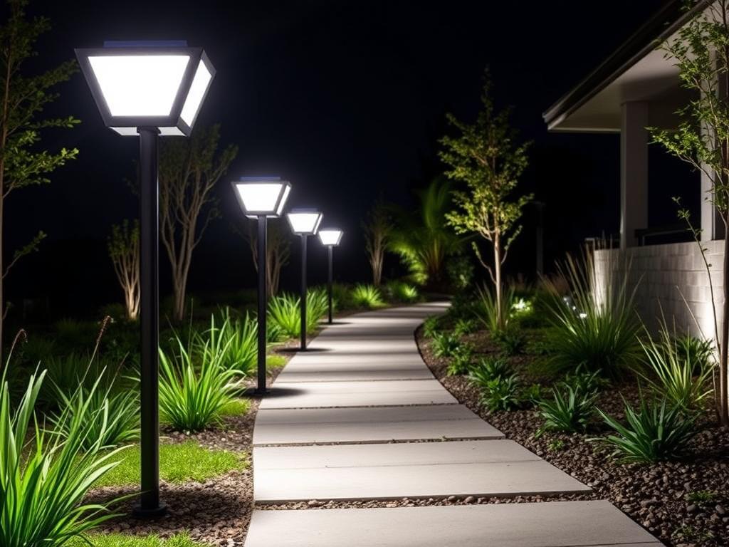 Linkind Solar Path Lights with square heads illuminating a modern landscape design Linkind Solar Path Lights with square heads illuminating a modern landscape design