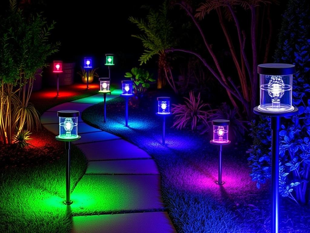 Nupostai Solar Path Lights displaying vibrant color-changing capabilities in a nighttime garden setting Nupostai Solar Path Lights displaying vibrant color-changing capabilities in a nighttime garden setting