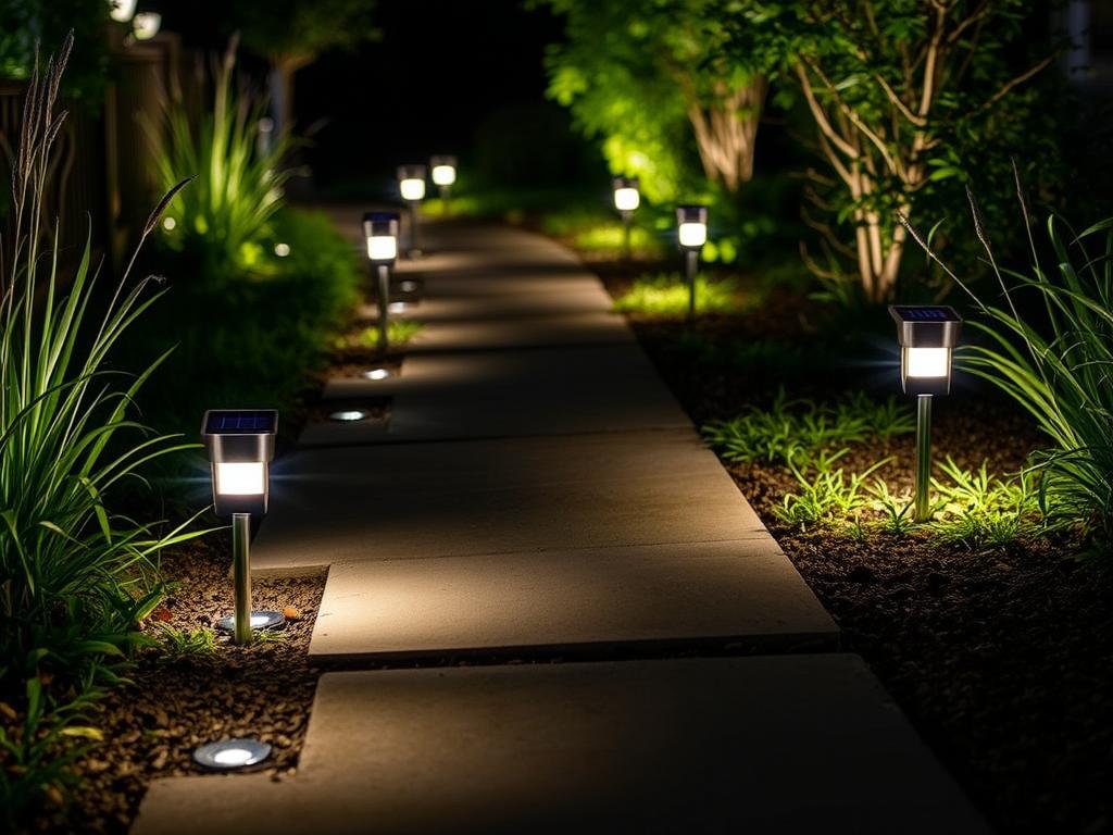 Rayolon Solar Path Lights installed flush with the ground illuminating a garden walkway Rayolon Solar Path Lights installed flush with the ground illuminating a garden walkway