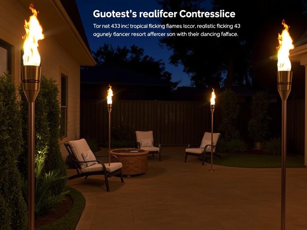 TomCare Solar Upgraded Tiki Torches creating a flickering flame effect along a garden pathway TomCare Solar Upgraded Tiki Torches creating a flickering flame effect along a garden pathway