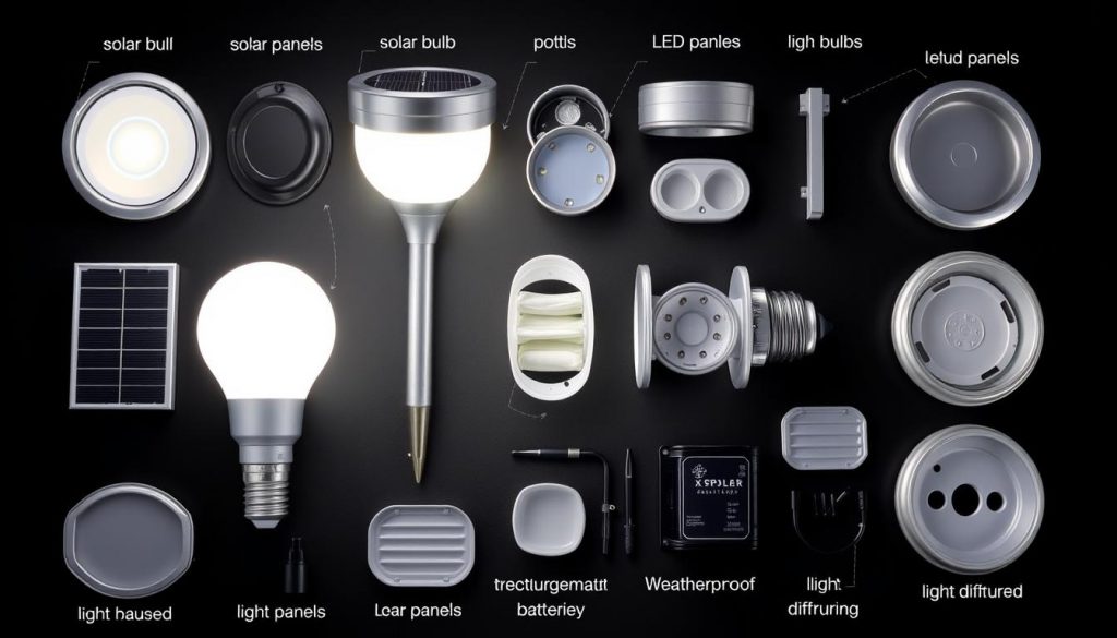 Various components of solar path lights including solar panels, LED bulbs, and batteries Various components of solar path lights including solar panels, LED bulbs, and batteries
