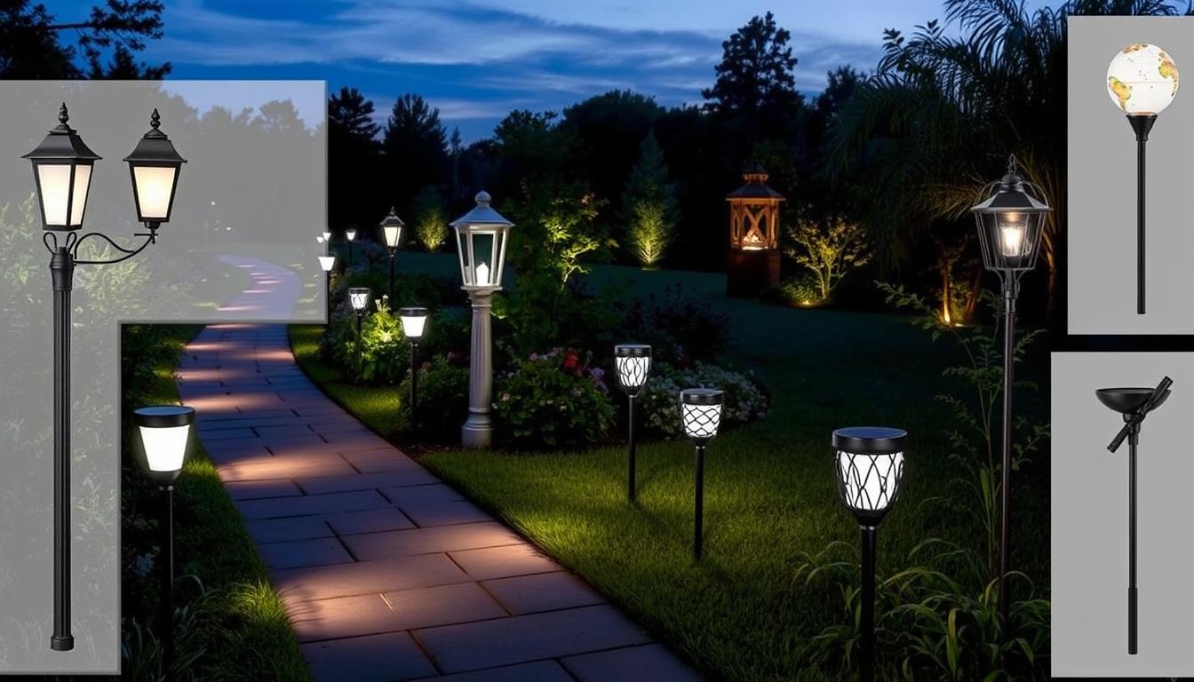 Various solar path lights illuminating a garden walkway at dusk, showcasing top 10 solar path lights in 2025