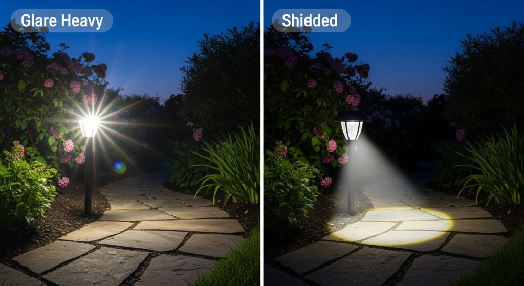 Comparison of glare-heavy versus shielded solar path lights