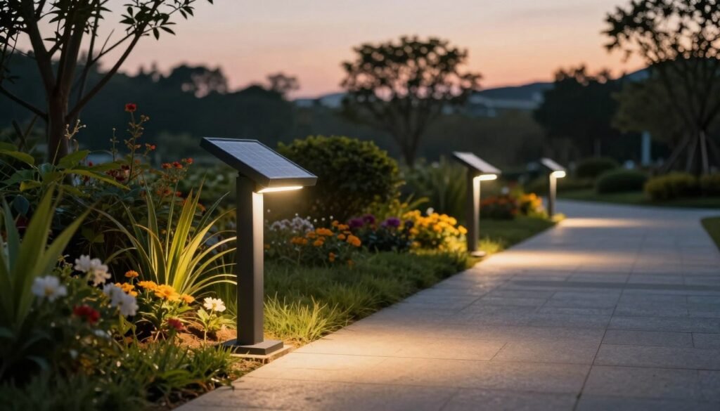 A serene evening scene featuring a neatly landscaped pathway illuminated by self-cleaning solar pathway lights. In the foreground, focus on the sleek, modern design of the lights, showcasing their self-cleaning mechanism in an elegant way. The middle section should include well-maintained plants and flowers that add color and vibrancy, with subtle hints of light reflecting off the solar panels. In the background, gently blurred trees and a dusk sky with soft, warm hues enhance the peaceful atmosphere. The lighting should be soft and inviting, emphasizing the glow of the lights while capturing the tranquil essence of a well-cared-for outdoor space. Use a slightly elevated angle to create depth and perspective in the composition.
