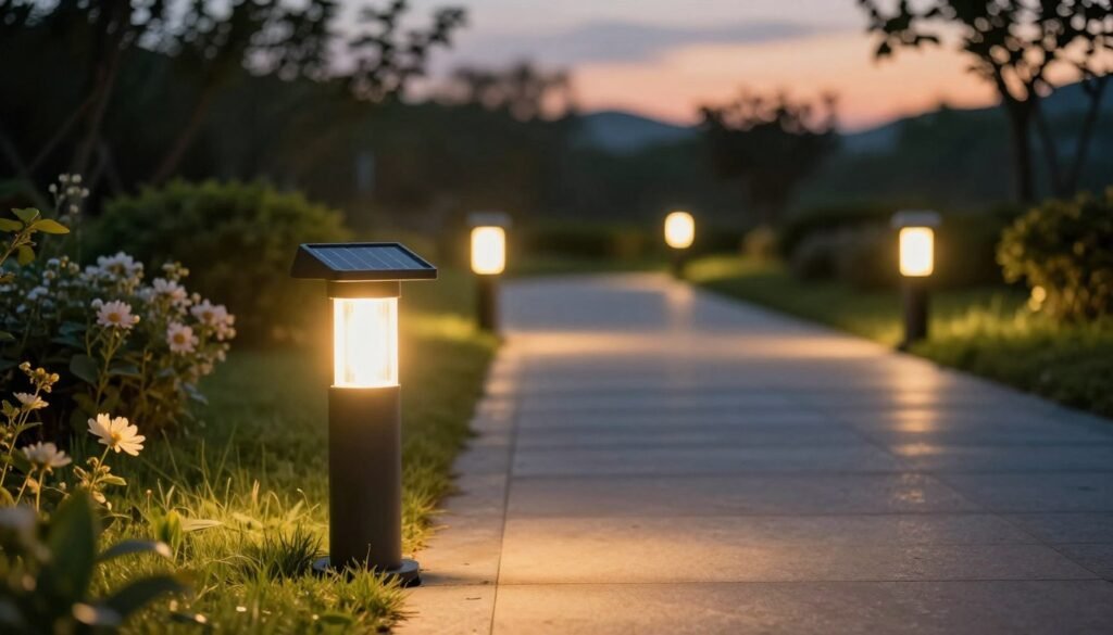 A serene outdoor pathway illuminated by several Sunvivo solar path lights, showcasing their impressive performance in real-world settings. In the foreground, focus on a beautifully designed solar light casting a warm, inviting glow, highlighting the sleek modern design with a subtle solar panel on top. The middle ground features a gently curved path lined with these lights, creating a soft and enchanting illumination. In the background, lush greenery and delicate flower beds are softly lit, enhancing the tranquil evening atmosphere. The scene is captured at dusk, with a gentle twilight sky transitioning from blue to orange, and the lights shining bright. Use a shallow depth of field to emphasize the lights, and employ soft, diffused lighting for a peaceful, inviting mood, evoking feelings of safety and comfort in an outdoor space.