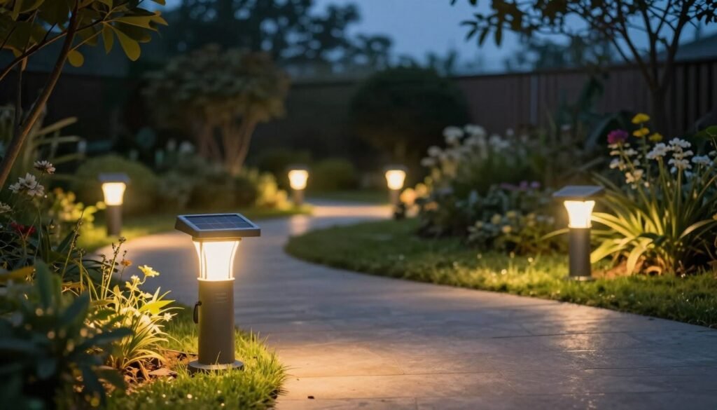 A visually appealing arrangement of Sunvivo Solar Path Lights illuminated in a serene outdoor setting during twilight. In the foreground, several stylish solar path lights with a sleek metallic design emanate a warm, inviting glow, casting soft light onto a winding garden path. The middle ground features lush greenery and flower beds gently lit by the path lights, creating a harmonious garden atmosphere. In the background, a soft-focus view of a peaceful backyard with trees subtly silhouetted against a deepening blue sky. The angle captures the lights at a slightly elevated perspective, adding depth to the scene. The overall mood is tranquil and inviting, evoking a sense of comfort and outdoor allure, perfect for enhancing any garden or walkway.