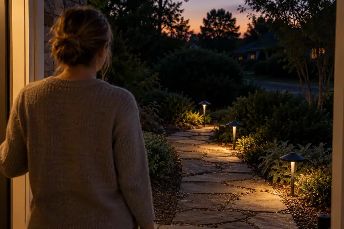 Homeowner viewing warm downward path lighting from a doorway at dusk