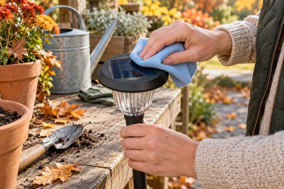 How to store solar lights for winter: hands wiping a solar path light panel with a blue microfiber cloth
