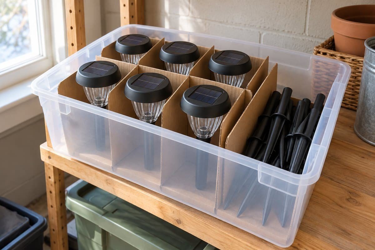 How to store solar lights for winter: solar path lights separated by cardboard dividers in a storage bin