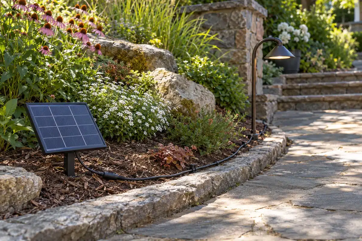 Separate solar panel beside a path light with a cable along the garden border