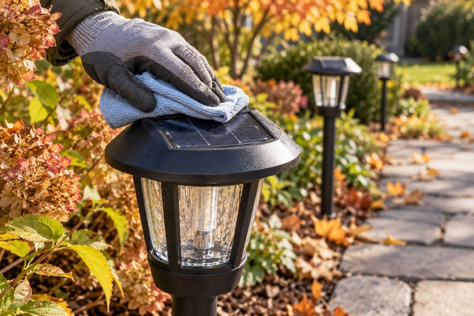 Cleaning a pathway light panel to help solar light batteries recharge