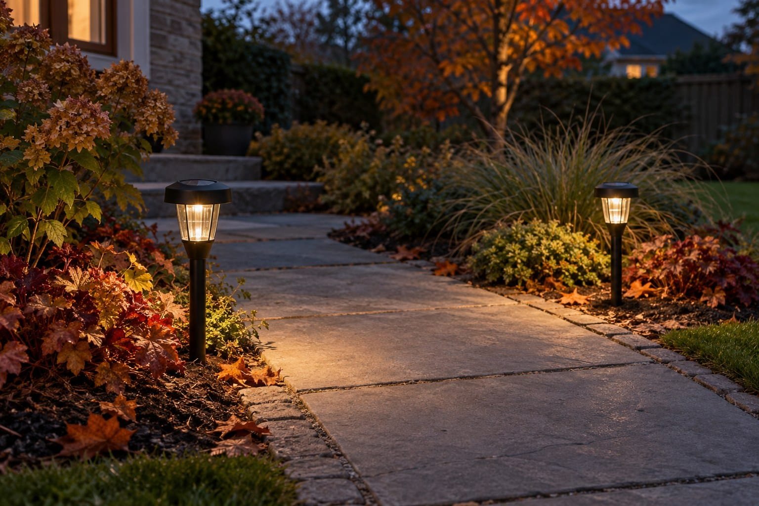 Pathway lights at dusk during a solar light batteries runtime check