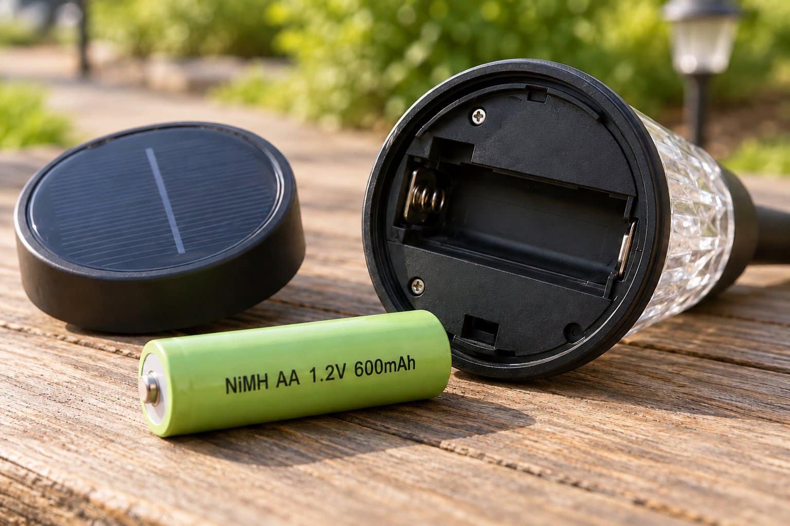 Solar light batteries with a NiMH AA 1.2V 600mAh label beside a garden light