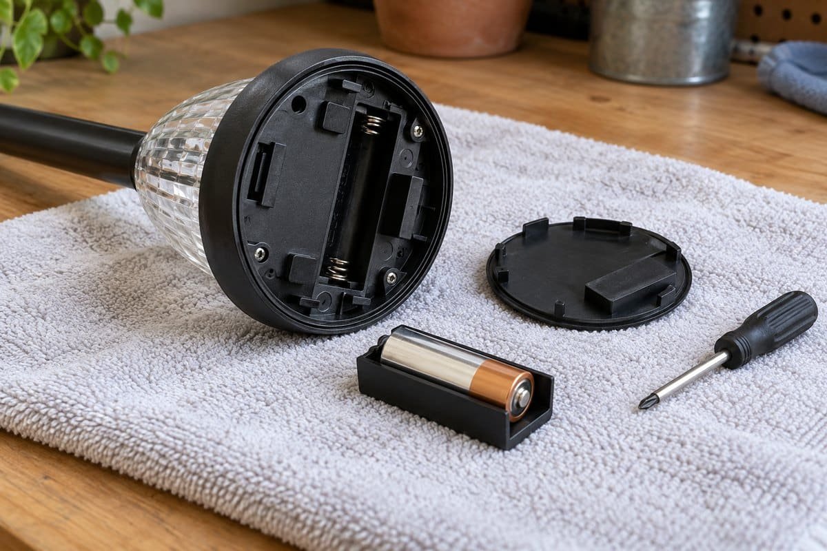 Solar lights not working after rain: accessible battery compartment on a dry towel