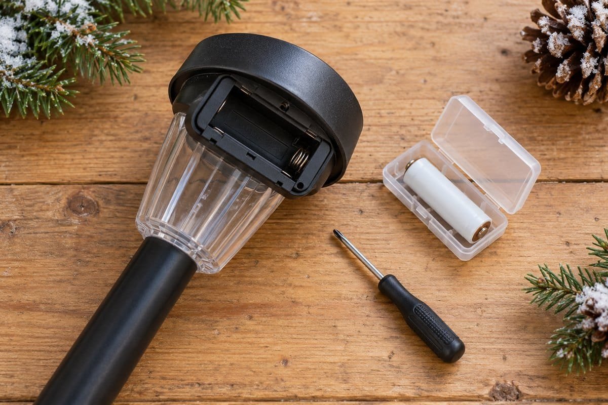 How to store solar lights for winter: an open solar light battery compartment beside a battery in a plastic case