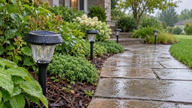 Solar lights not working after rain: wet garden lights beside a stone path