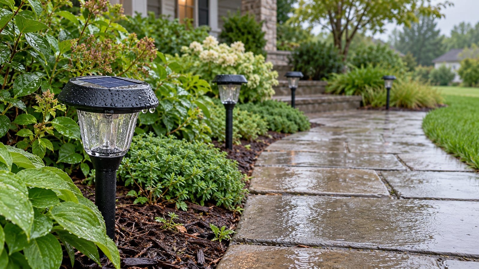 Solar lights not working after rain: wet garden lights beside a stone path