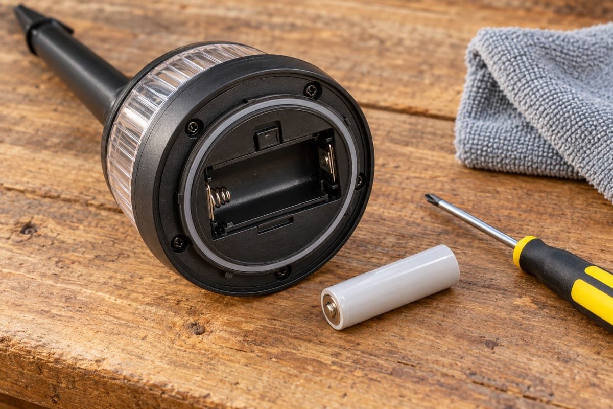 Open battery compartment during a solar lights in winter maintenance check