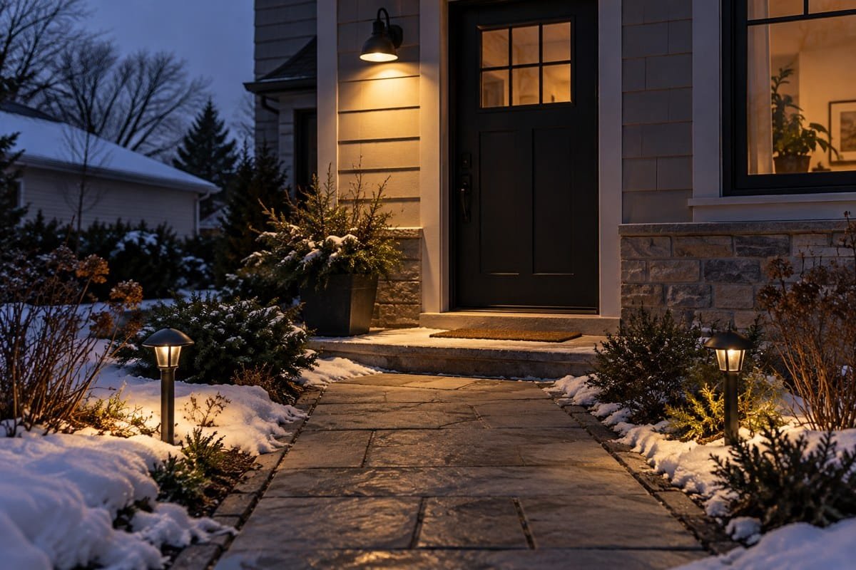 Solar lights in winter beside a clear entrance with supplementary wall lighting