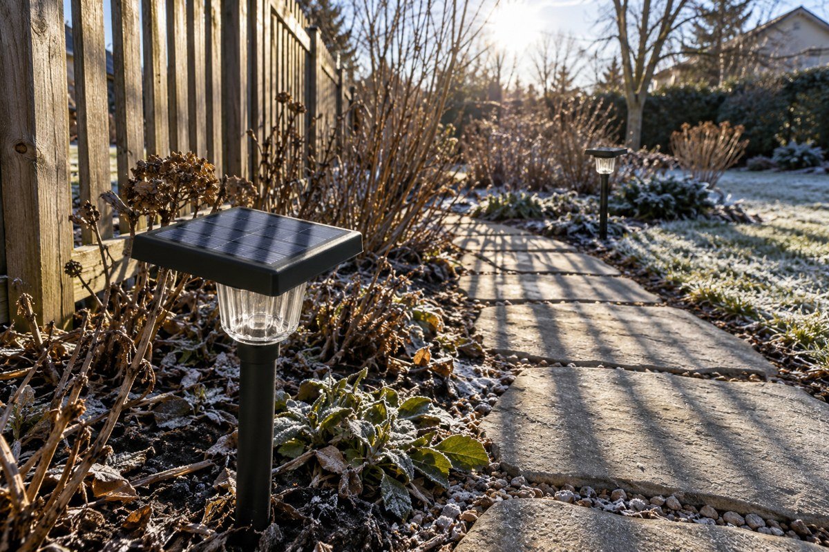 Fence shadows crossing the panel of solar lights in winter