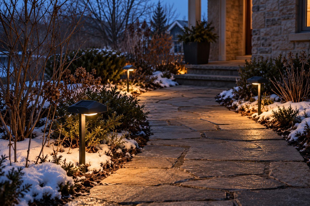 Warm solar lights in winter illuminating a stone path beside snow