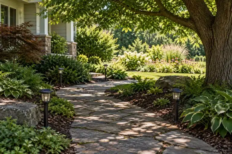 Solar path lights beside a stone walkway under a leafy tree