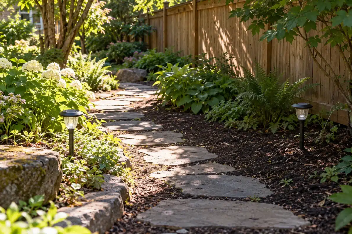 Solar path lights in shade and sunlight beside a garden path