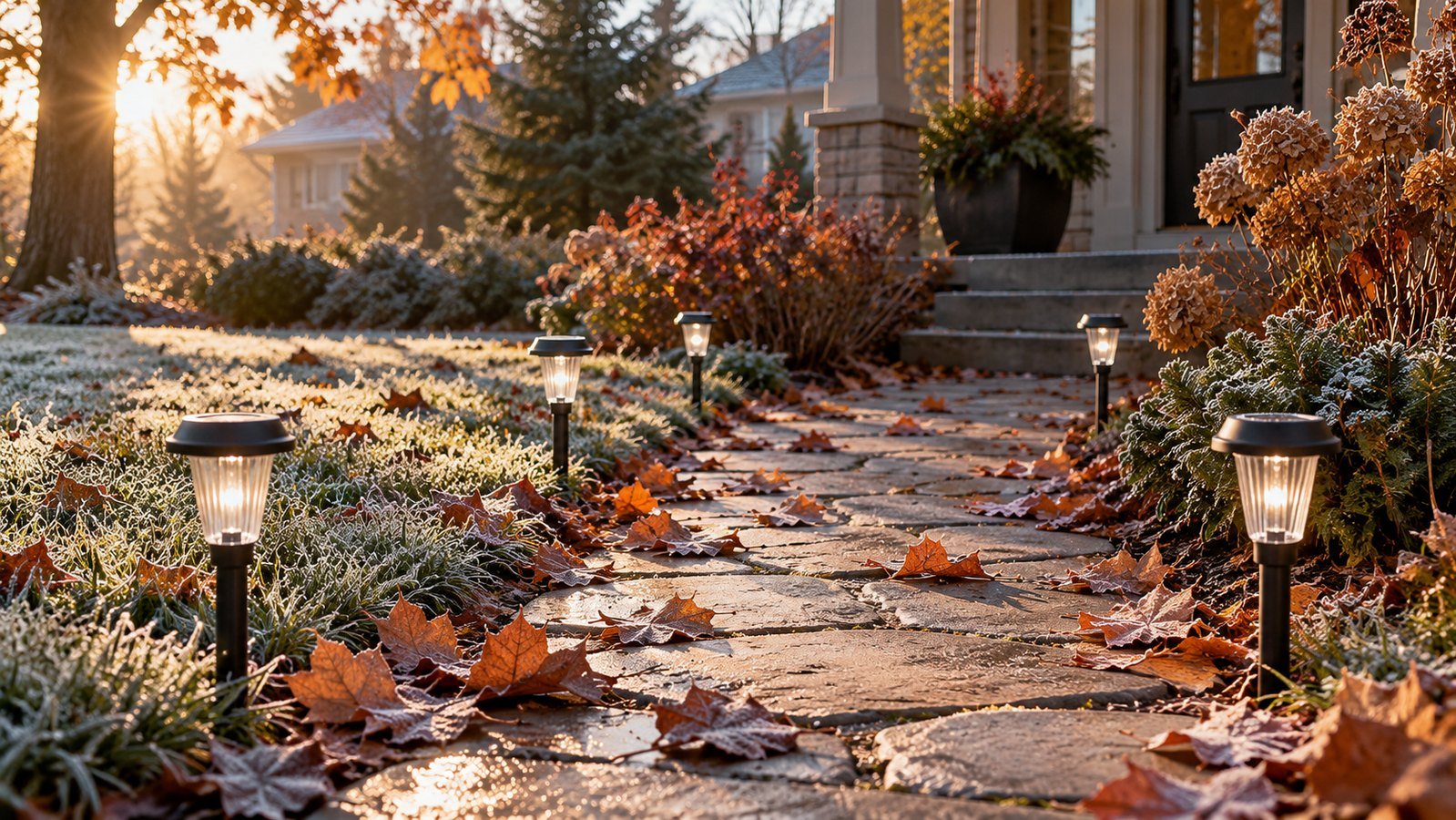 How to store solar lights for winter: solar path lights beside a frosty autumn walkway